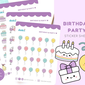 Feuille d'autocollants d'anniversaire kawaii | Joli joyeux anniversaire, autocollant, fête, célébration - ballon pastel, gâteau d'anniversaire, rappels d'anniversaire