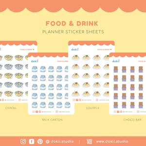 May include: Three sheets of planner stickers featuring cute cartoon food and drink illustrations. The sheets are labeled "Cereal", "Milk Carton", "Souffle", and "Choco Bar". Each sheet has a grid of 36 stickers.