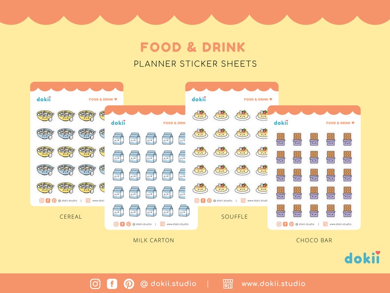 May include: Three sheets of planner stickers featuring cute cartoon food and drink illustrations. The sheets are labeled "Cereal", "Milk Carton", "Souffle", and "Choco Bar". Each sheet has a grid of 36 stickers.