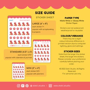 May include: A size guide for sticker sheets featuring a cartoon snake design. The guide shows three sizes: Large (6 x 8 inches), Standard (4.5 x 6 inches), and Mini (3 x 4 inches). The guide also includes information about the paper type, color/vibrance, and sticker sizes.
