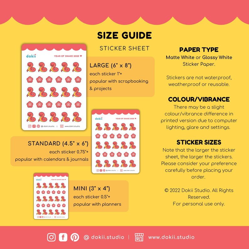 May include: A size guide for sticker sheets featuring a cartoon snake design. The guide shows three sizes: Large (6 x 8 inches), Standard (4.5 x 6 inches), and Mini (3 x 4 inches). The guide also includes information about the paper type, color/vibrance, and sticker sizes.