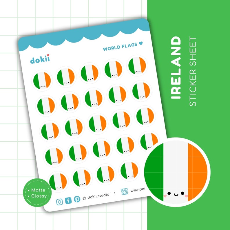 May include: A sheet of 25 stickers featuring the flag of Ireland. Each sticker is a circle with a green, white, and orange design. The stickers are arranged in a grid pattern. The sheet is labeled "IRELAND STICKER SHEET".