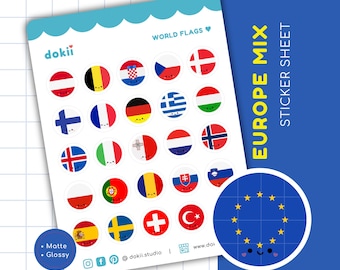 Cute Europe Flags Sticker Sheet Mix | European Flag Mix Stickers Circular Icon European Union Travel Europe Pin Stickers EU Countries