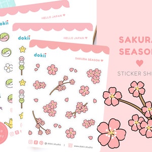 Folha de adesivos da temporada de sakura kawaii | Adesivos fofos de flores de cerejeira japonesas, viagens ao Japão, sakuramochi, dango, sushi, nikuman, guindaste de origami