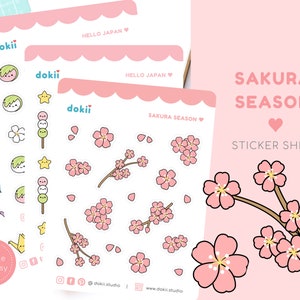 Kawaii Sakura Season Sticker Sheet | Cute Japanese Cherry Blossom Stickers, Japan Travel, Sakuramochi, Dango, Sushi, Nikuman, Origami Crane