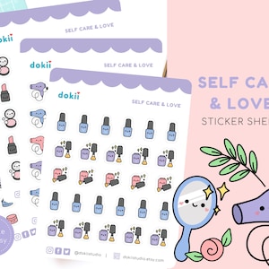Feuille d'autocollants pour prendre soin de soi kawaii | Stickers planificateur Love Positivity mignons, motivation novembre, fille se détendre, salon de beauté, maquillage, manucure, Royaume-Uni