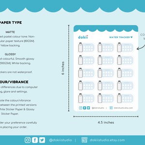 May include: A water tracker sticker sheet, 15.2 cm tall and 11.4 cm wide, with a light blue background. The sheet features a water bottle design and the text "WATER TRACKER". The sticker sheet is available in matte or glossy paper.