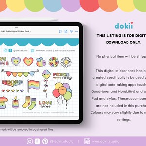 May include: A digital sticker pack with a rainbow theme. The stickers feature cute illustrations of hearts, balloons, rainbows, and other pride-themed designs. The text "Love is Love", "Proud", "Pride Day", and "Love Wins" is included in the sticker pack.
