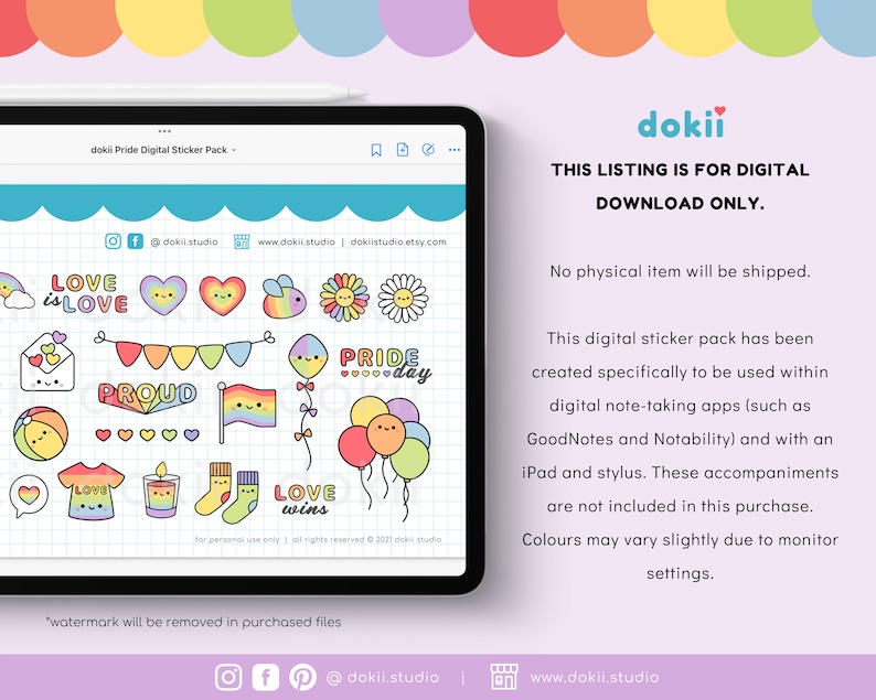 May include: A digital sticker pack with a rainbow theme. The stickers feature cute illustrations of hearts, balloons, rainbows, and other pride-themed designs. The text "Love is Love", "Proud", "Pride Day", and "Love Wins" is included in the sticker pack.