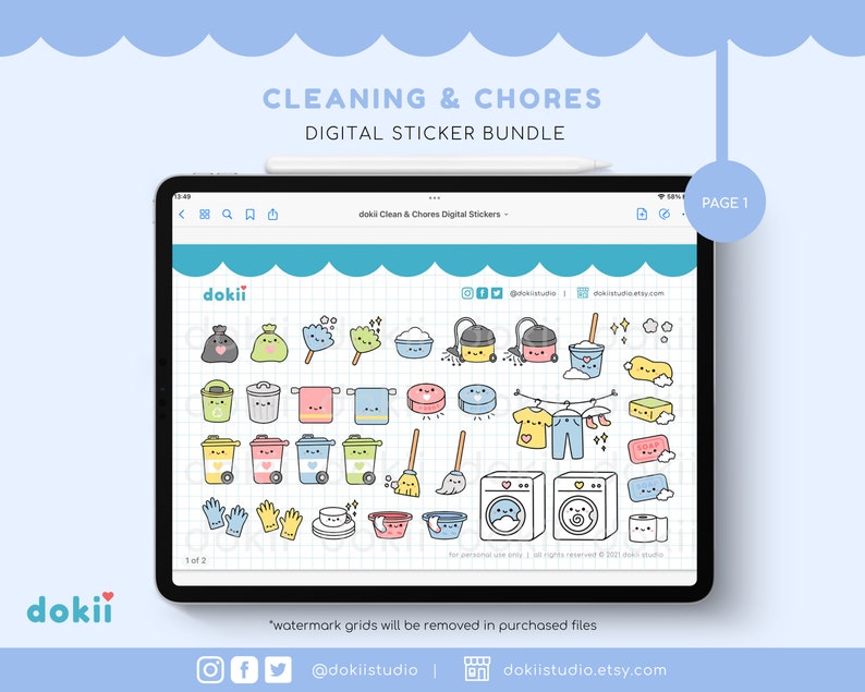 Adesivi digitali per le pulizie kawaii / 73+ adesivi digitali per le faccende domestiche carini GoodNotes Planner, icone PNG pre-ritagliate per le pulizie di primavera immagine 5