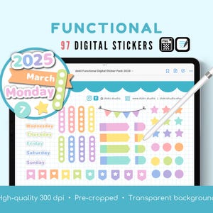 2025 Functional Digital Stickers | 97 Cute Monthly Digital Planner Stickers Goodnotes  Calendar Date, Days, Week, Month, Tabs & Lists Pastel