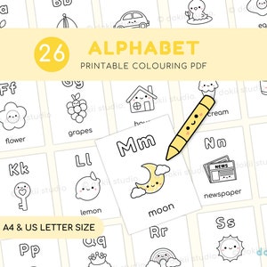 Kawaii 26 Alfabeto Página para colorear, Lindo A a Z Imprimible PDF Hoja para colorear Kindergarten Preescolar Niños Letra A-Z Descarga instantánea digital