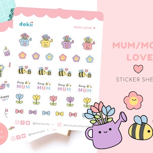 Niedliche Muttertag Sticker Bogen | Juni Blumen Planner Sticker Frühlingsblumen rosa Liebe Geschenk Mom, Mum, Nana | Matte/Glossy Sticker DE