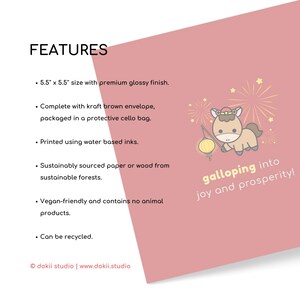 May include: A greeting card with a pink background and a cartoon horse illustration. The card reads "galloping into joy and prosperity!" and is 5.5" x 5.5" with a glossy finish. It includes a kraft brown envelope and is packaged in a cello bag.