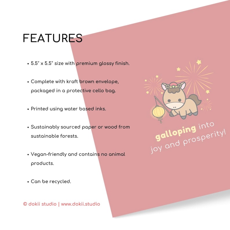 May include: A greeting card with a pink background and a cartoon horse illustration. The card reads "galloping into joy and prosperity!" and is 5.5" x 5.5" with a glossy finish. It includes a kraft brown envelope and is packaged in a cello bag.