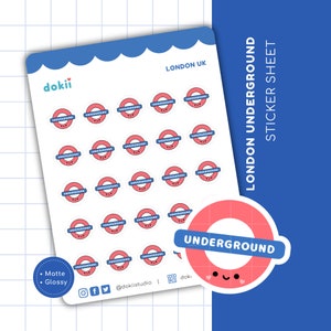Op de afbeelding: Een vel stickers met het logo van de London Underground. De stickers zijn roze en blauw met een witte omtrek. Het vel bevat 30 stickers en de tekst "London Underground Sticker Sheet".