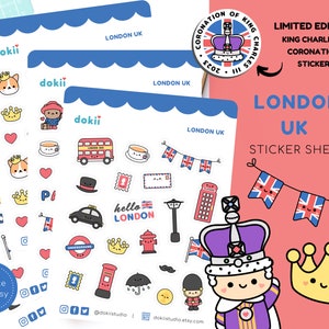 Kawaii London Sticker Sheet, Cute UK Sticker King Charles III Coronation Queen Elizabeth II, Paddington Bear, Corgi, Union Jack Flag British