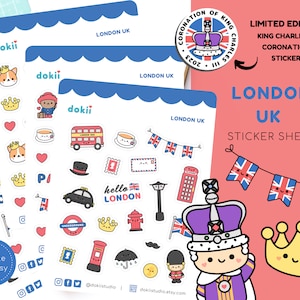 Feuille d'autocollants kawaii Londres, autocollants britanniques mignons, couronnement du roi Charles III, reine Elizabeth II, ours Paddington, corgi, drapeau Union Jack britannique