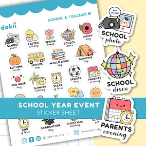 Leuke stickers voor schooldatums | 23 Schooljaarplannerstickers Herinnering schoolevenementen VK: oudersavond, dag inzet, klaproosdag, rode-neuzendag