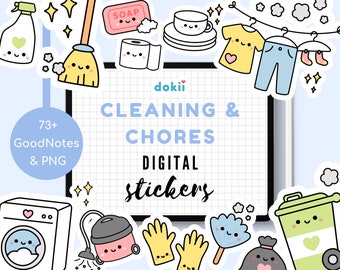 Kawaii Cleaning Digital Stickers | 73+ Cute House Chores GoodNotes Planner Digital Sticker Icon Spring Cleaning PNG Pre-Cropped