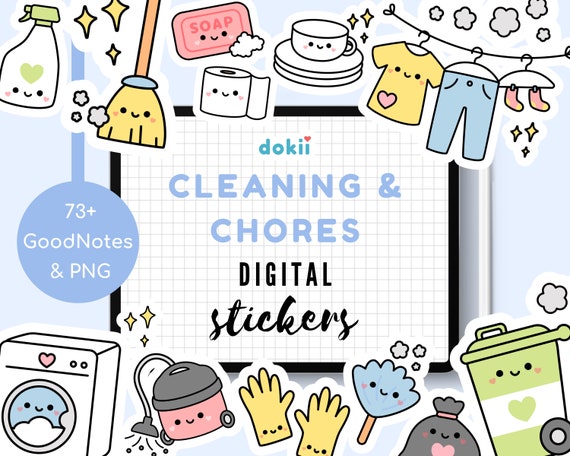 Kawaii Cleaning Digital Stickers | 73+ Cute House Chores GoodNotes Planner Digital Sticker Icon Spring Cleaning PNG Pre-Cropped