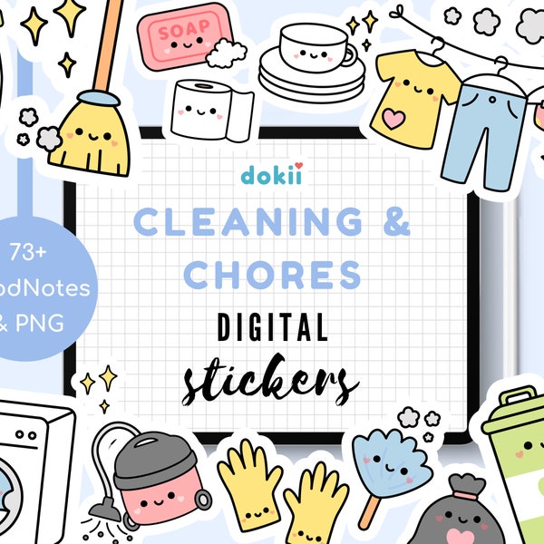 Kawaii Cleaning Digital Stickers | 73+ Cute House Chores GoodNotes Planner Digital Sticker Icon Spring Cleaning PNG Pre-Cropped