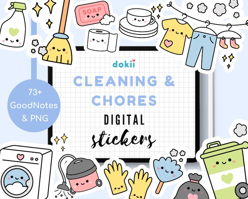 Adesivi digitali per le pulizie kawaii / 73+ adesivi digitali per le faccende domestiche carini GoodNotes Planner, icone PNG pre-ritagliate per le pulizie di primavera immagine 1