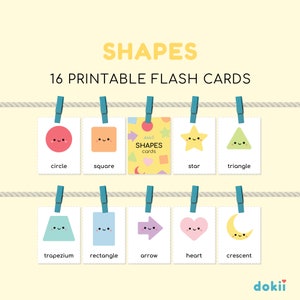 16 tarjetas didácticas de formas para imprimir / Tarjetas didácticas kawaii para jardín de infantes, tarjetas de 3 partes Montessori para niños que aprenden formas, digitales A4 y letras