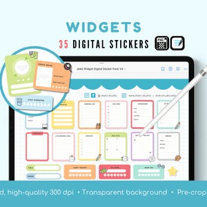 May include: A digital sticker pack with 35 colorful, pre-cropped widgets for digital planners. The stickers feature a variety of designs, including a to-do list, a habit tracker, and a meal planner. The stickers are 300 dpi and have a transparent background.
