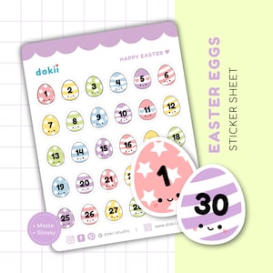 Hoja de calcomanías con fecha para la portada de los huevos de Pascua / Linda calcomanía para el planificador de fechas de Pascua Números de la búsqueda de huevos de Pascua, portada con fecha del calendario de marzo Feliz Pascua