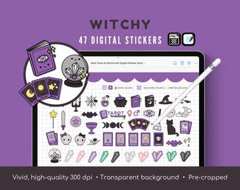Witchy Digital Stickers | 47 Cute Witchy GoodNotes Witchcraft Digital Planner Stickers Halloween Digital Stickers Tarot Reading Planner