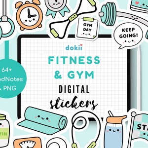 May include: A set of 64 digital stickers for GoodNotes and PNG featuring fitness and gym themes. The stickers are colourful and feature cute cartoon characters. Some of the stickers include a dumbbell, a yoga mat, a protein shake, a skipping rope, a water bottle, and a gym day note.