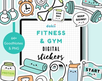 May include: A set of 64 digital stickers for GoodNotes and PNG featuring fitness and gym themes. The stickers are colorful and feature cute cartoon characters. Some of the stickers include a dumbbell, a yoga mat, a protein shake, a jump rope, a water bottle, and a gym day note.