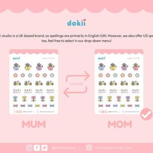 May include: Two sets of stickers with a bee and flower design. The stickers on the left say "Mum" and the stickers on the right say "Mom". The text "Change" is in the middle of the image.