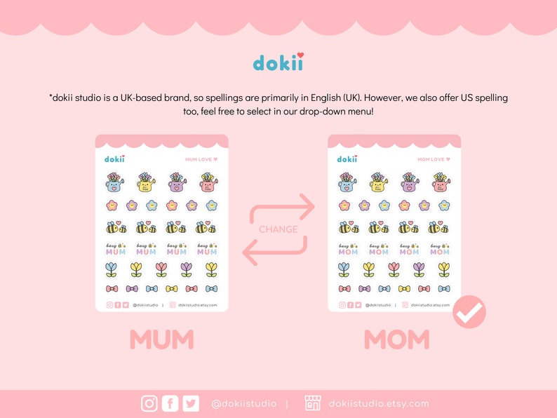May include: Two sets of stickers with a bee and flower design. The stickers on the left say "Mum" and the stickers on the right say "Mom". The text "Change" is in the middle of the image.
