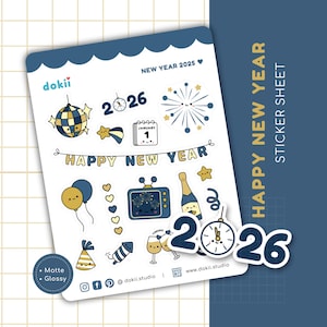 Foglio di adesivi per il Felice Anno Nuovo 2026 / Adesivi carini per il planner di Capodanno, conto alla rovescia di fine anno, adesivi per feste festive, diario, fuochi d'artificio, palla da discoteca, Regno Unito