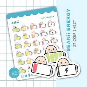 Feuille d'autocollants Energy Tracker | 30 Sticker planificateur d'énergie mignon BEANii Sticker de niveau d'énergie Kawaii Sticker social batterie Sticker planificateur d'humeur