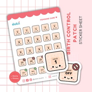 Linda hoja de pegatinas de parche anticonceptivo / Pegatinas de planificador de anticonceptivos kawaii Pegatinas de seguimiento de iconos de anticonceptivos Planificador de períodos Ovulación