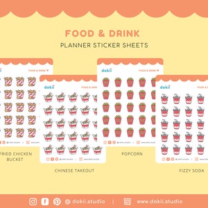 May include: Four sticker sheets with different food and drink designs. The sheets are white with a pink border and feature the text "dokii" and "FOOD & DRINK". The designs include fried chicken buckets, Chinese takeout containers, popcorn buckets, and fizzy soda cups.