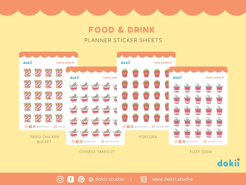 May include: Four sticker sheets with different food and drink designs. The sheets are white with a pink border and feature the text "dokii" and "FOOD & DRINK". The designs include fried chicken buckets, Chinese takeout containers, popcorn buckets, and fizzy soda cups.