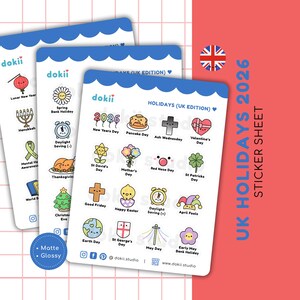 Feuille d'autocollants pour les Fêtes au Royaume-Uni 2026 | Joli planificateur d'événements annuels britanniques, autocollants, calendrier britannique, jours fériés, jours fériés nationaux kawaii