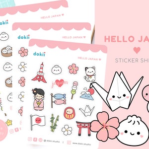 Foglio di adesivi kawaii Giappone / Snack giapponesi carini, cibo, fiori di ciliegio Sakura, viaggi in Giappone, dango, sushi, origami gru UK