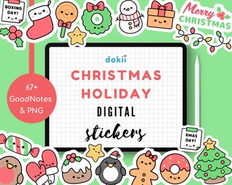 Pegatinas digitales navideñas kawaii / Más de 67 pegatinas lindas de GoodNotes para la temporada de invierno, planificador digital, PNG precortados festivos de diciembre