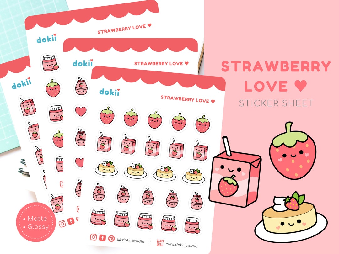 Kawaii Strawberry Sticker Sheet | Cute Strawberry Milk Sticker ...