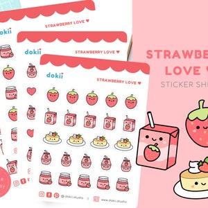 Kawaii Strawberry Sticker Sheet | Cute Strawberry Milk Sticker, Strawberry Jam Sticker, Strawberry Milkshake Sticker, Souffle Pancake & more
