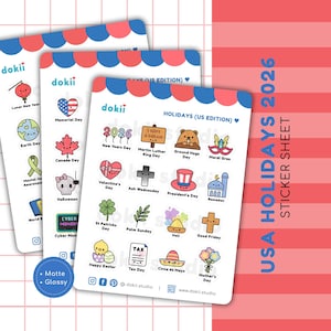 Feuille d'autocollants pour les Fêtes des États-Unis 2026 | Stickers calendrier américain kawaii Stickers agenda américain vacances Stickers événement annuel US mignons patriotiques