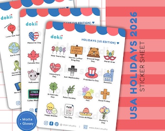 Klistermärkesark för helgdagar i USA 2026 | Kawaii amerikanska kalenderklistermärken, amerikanska helgdagsplanerarklistermärken, söta amerikanska årliga evenemangsklistermärken, patriotiska