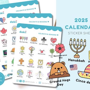 Arkusz naklejek na święta 2025 | Naklejki na słodkie kalendarze Planner Pory roku Święta publiczne Wielka Brytania Brytyjskie / USA Roczne wydarzenia Naklejka Święto narodowe