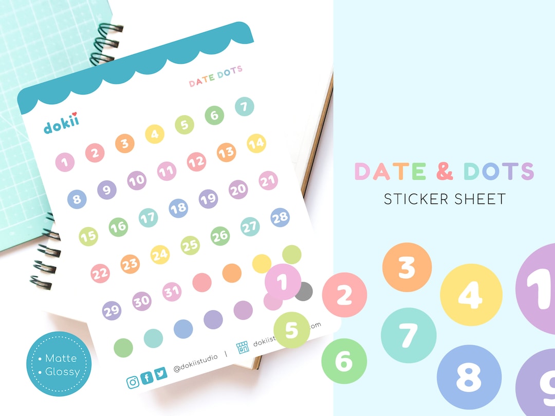 Pastel Rainbow Date Dots Sticker Sheet, 42 Mini Calendar Date Circle