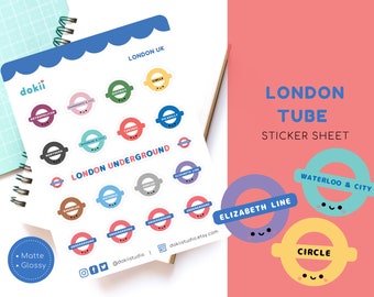 Kawaii London Tube Sticker Sheet | Cute UK British Transport Underground Stickers Travel TFL NEW Elizabeth Line, Central, Northern, Bakerloo